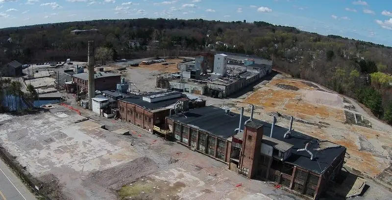 Aerial view of the abandoned Plymouth Rubber Company site in 2006 — forty acres of contaminated industrial land in Canton, Massachusetts.